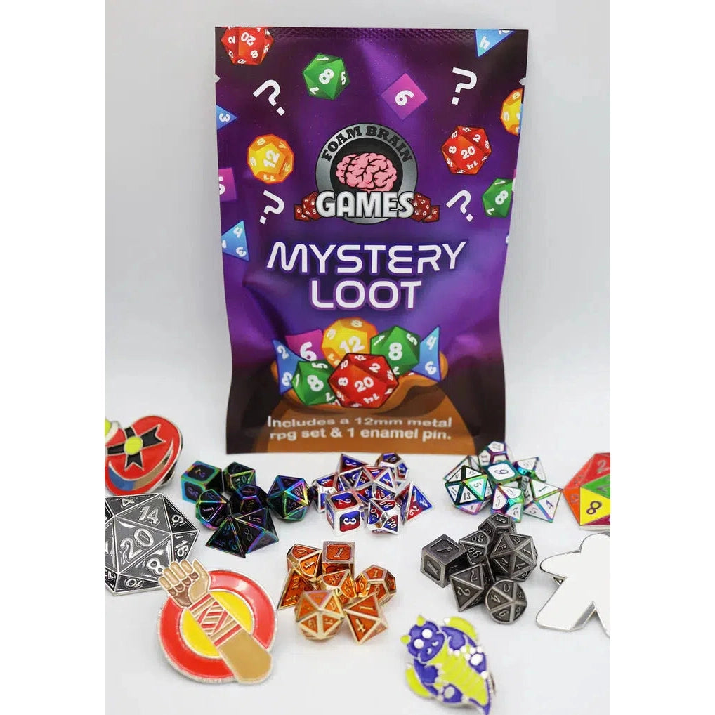 The metalic purple packaging is shown behind an array of pins and dice sets. Dice colors include red/blue, galvanized steel, galvanized edges with white faces,  gunmetal, and more. Pins include various monsters, emblems, d20 with the 20 facing up, and more.
