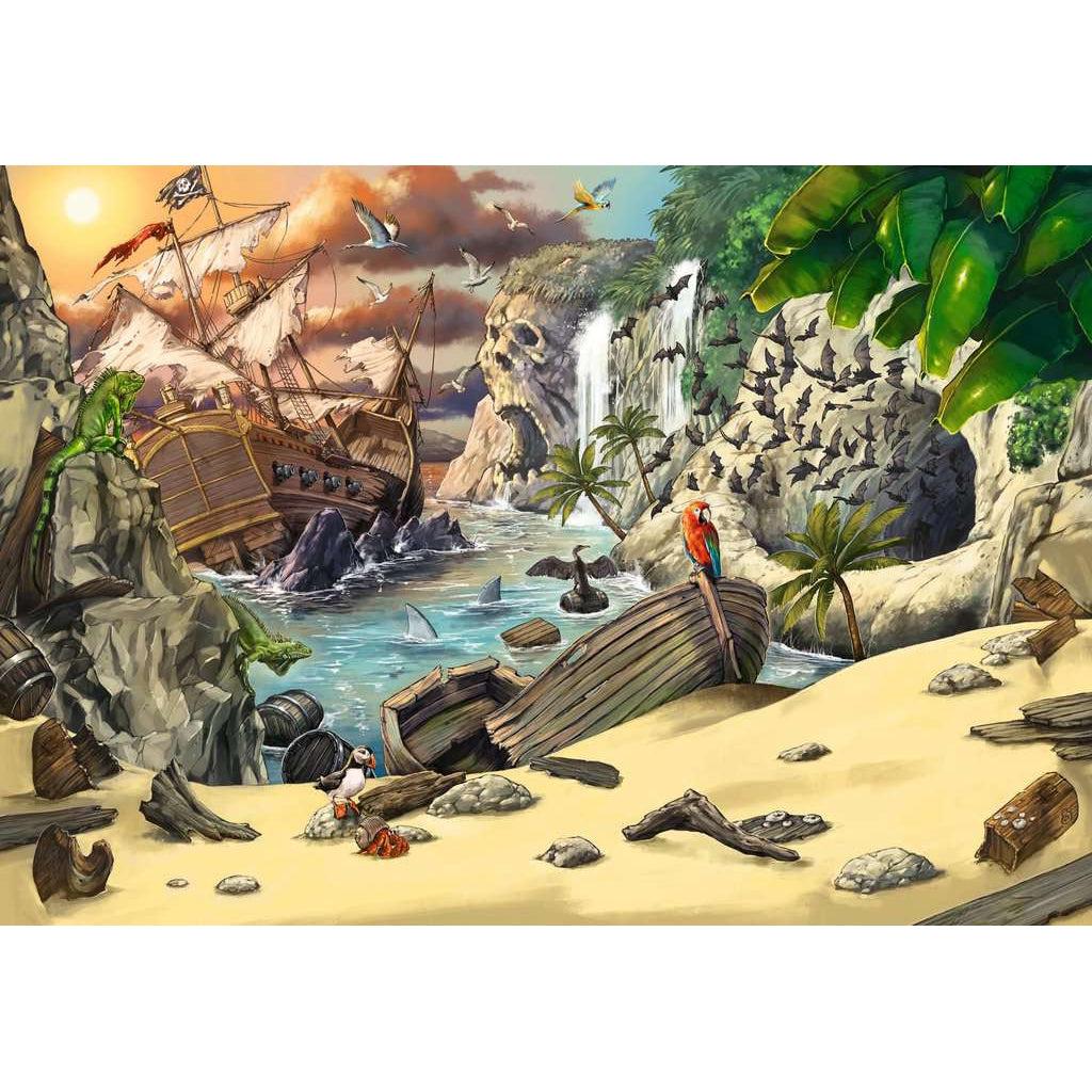 Puzzle image | Image of a beach with scattered debris and a samll wrecked hip. In the distance, a waterfall runs down a cliffside with a skull shaped protrusion and a pirate ship bashes against rocks in the water. Birds and bats fly about the puzzle, and iguanas sit on beach rocks. Sharks swi in the water, and trees line the waterfall.