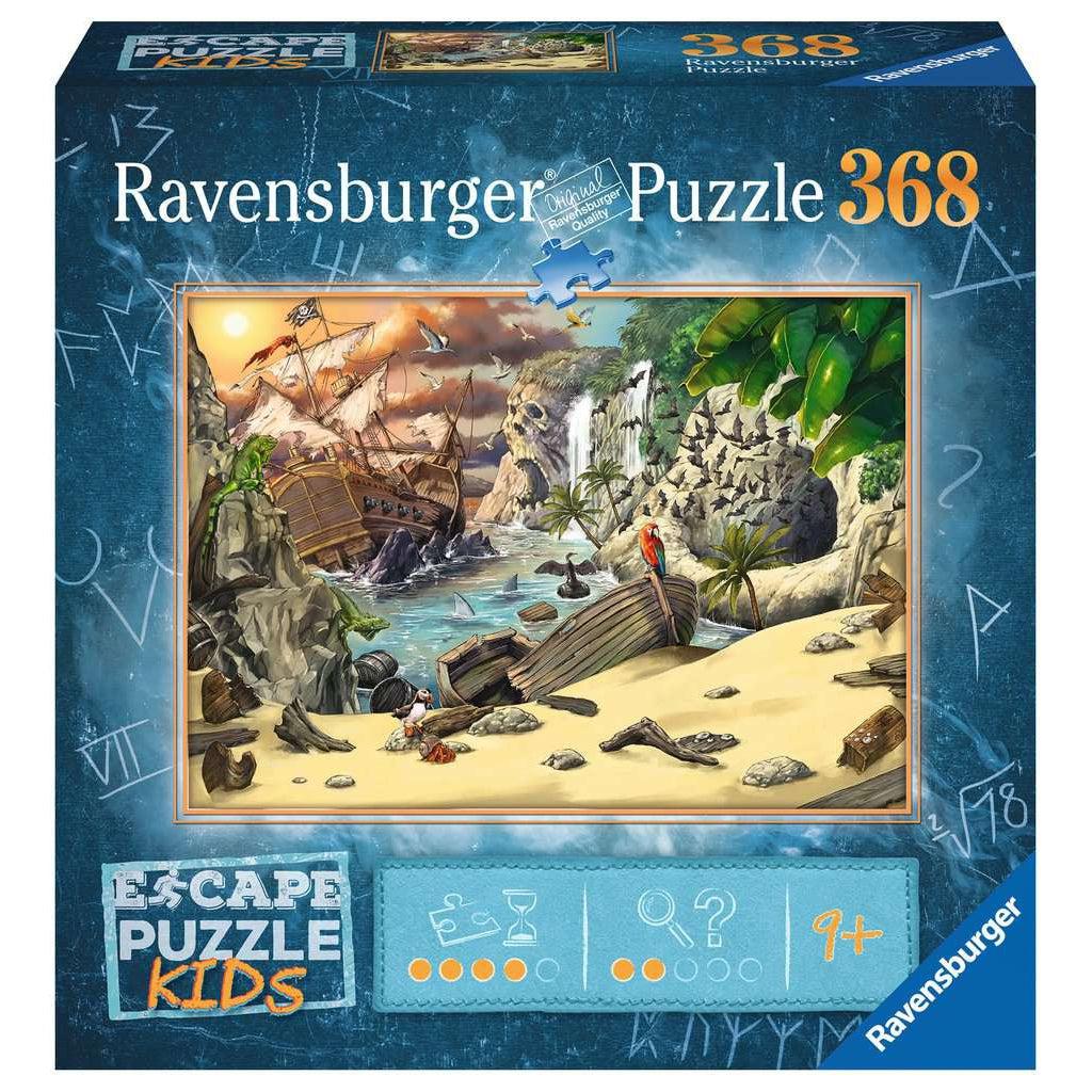 Puzzle box | ESCAPE Kids | Time Rating 4/5 Difficulty Rating 2/5 | Image of a beach scene with wrecked ship, distant waterfall, and pirate ship | 368pcs