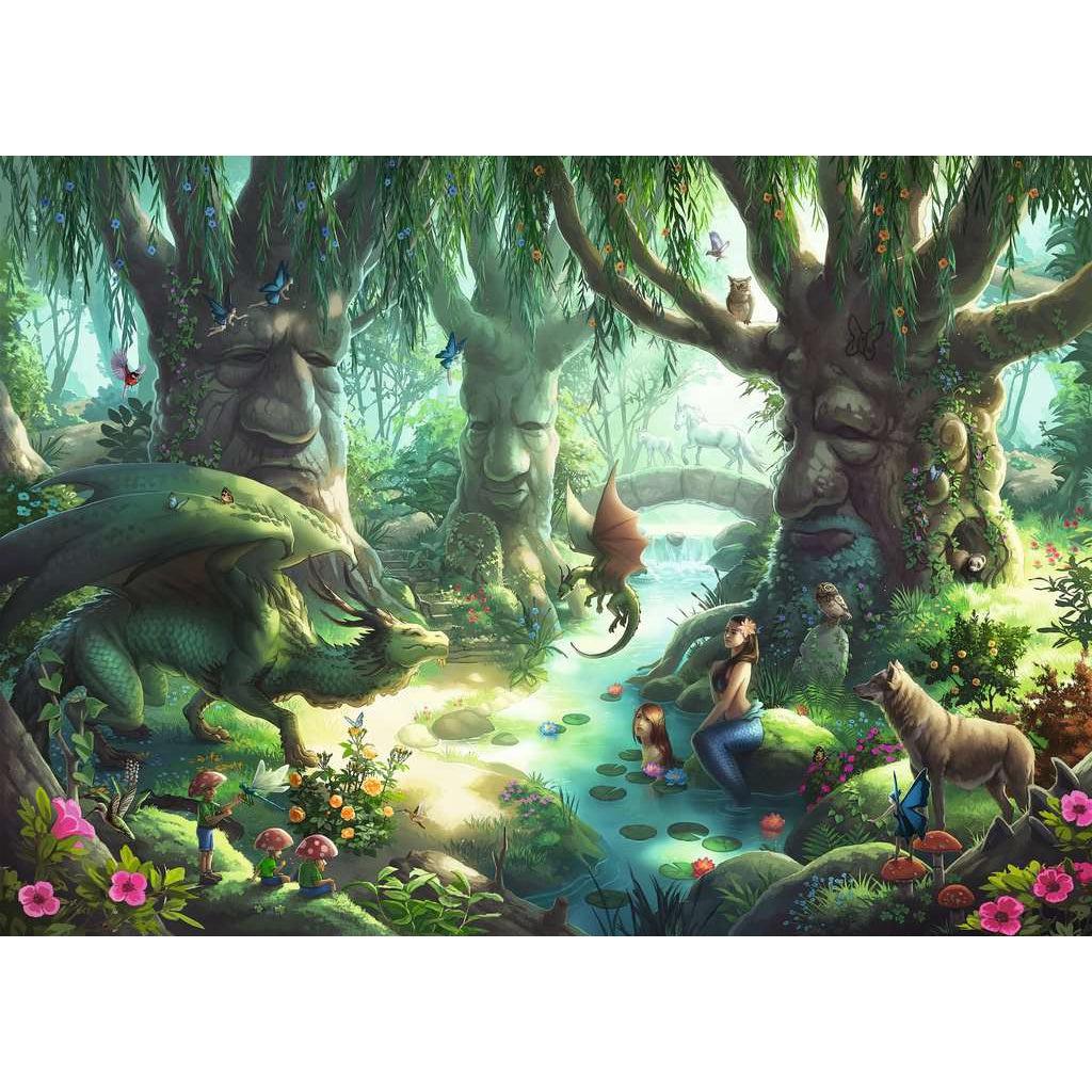 Puzzle image | Enchanted forest with dragons, mermaids, and fairies. | Three trees with faces look over river running through the middle of the puzzle, mermaids sit along water's edge and dragons linger near | Forest animals such as an owl and wolf can be ofund within the scene | Plants, mushrooms, and other foliage fill the gaps between creatures.