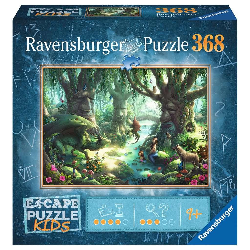 Puzzle box | ESCAPE Kids | Time Rating 4/5 Difficulty Rating 3/5 | Image of forest with mythical creatures, trees with faces, and a river. | 368 pcs