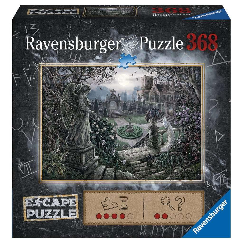 Puzzle box | Escape Puzzle | Time Rating 4/5 Difficulty Rating 2/5 | Image of a dark, eerie garden and statues outside of a large spooky house | 368pcs