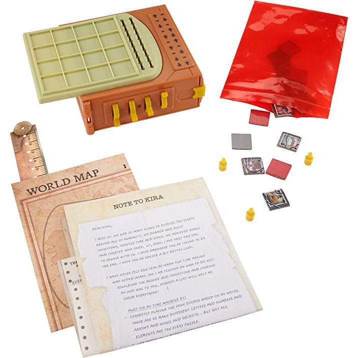 Close up images of 3D plastic puzzle and coupled pieces, paper puzzles, and ruler. 