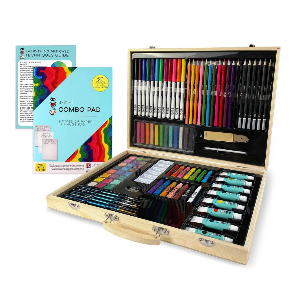 inside the case is markers, colored pencils, paint, oil, and tools for anything art related for a young artist. 