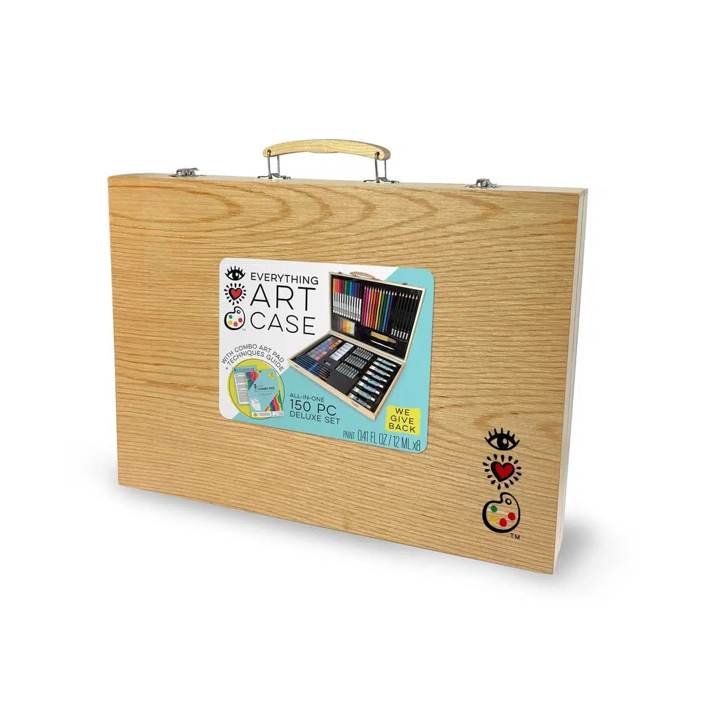 this is an image of a wooden case with a handle that reads everything art case