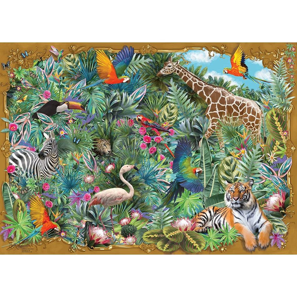 Puzzle image | Border of puzzle is an ornate, gold frame | Inside frame and spilling over edges is a multitude of lush tropical foliage and animals | Some animals present include tiger, flamingo, zebra, giraffe, parrots, toucan, and jaguar.