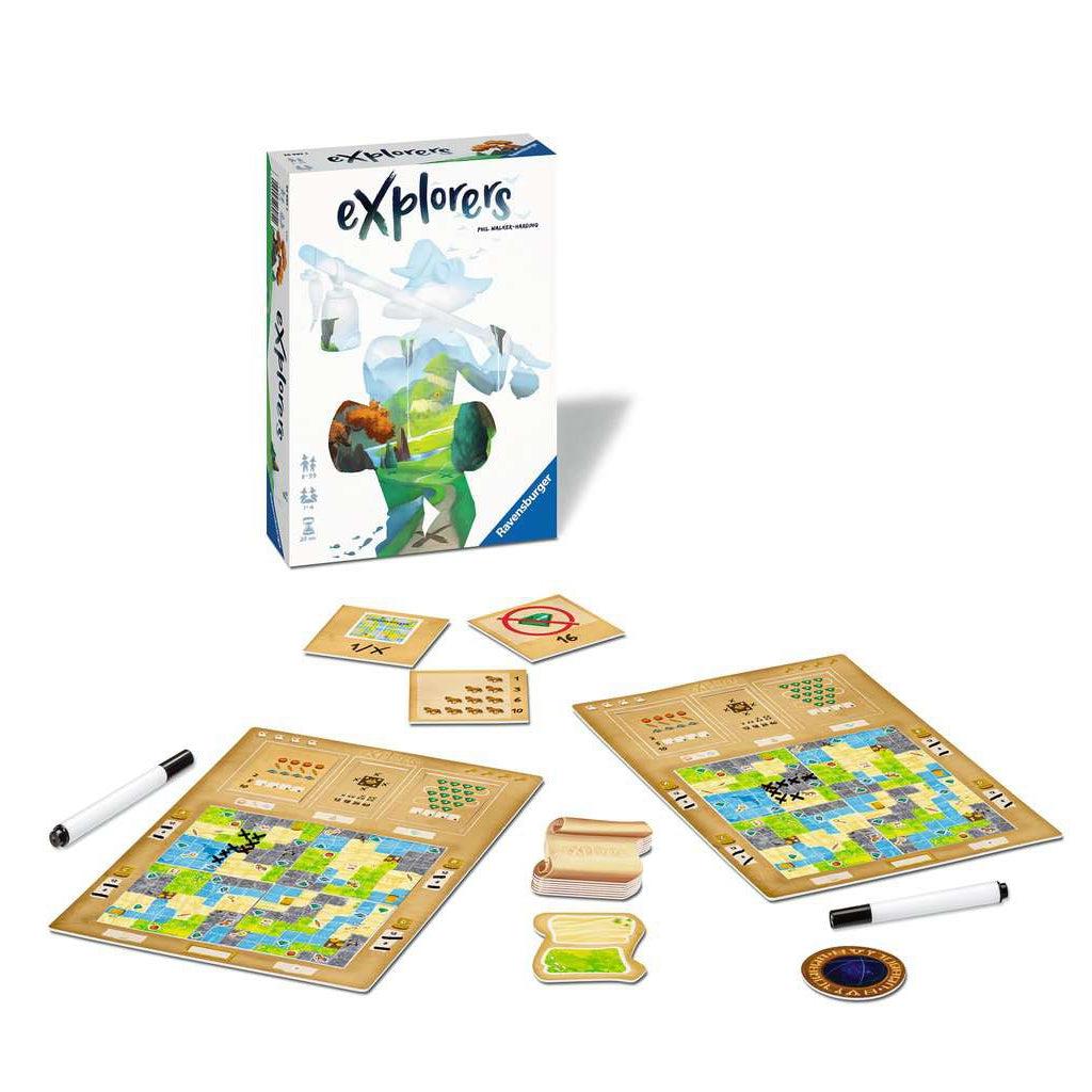 Shows the included games pieces. Playing boards, scroll-shaped tiles, and a dry-erase marker.