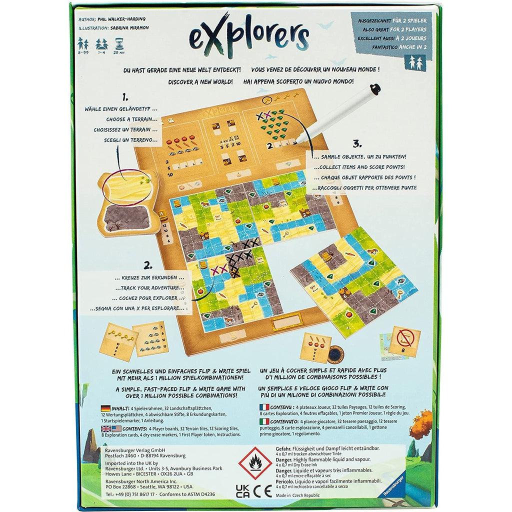 Image of back of game box. Has a brief set of instructions on how the game is played. Shows a player's game board in the middle of a game. It is marked up with the dry-erase marker.