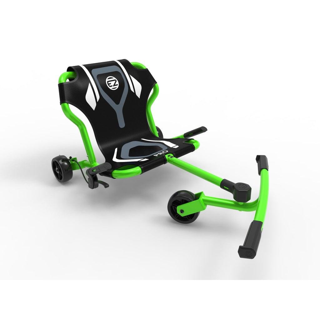this picture entails the front angle view of a green pro exyroller. it shows the fornt wheel at an angle, and shows the black and white design of the seat with the break hand bars