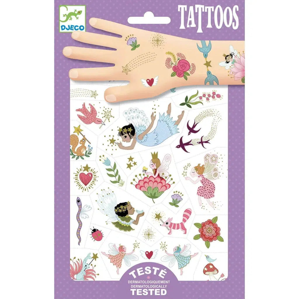 Image of the packaging for the Fairy Friends Tattoos kit. On the front is a picture of some different tattoos.