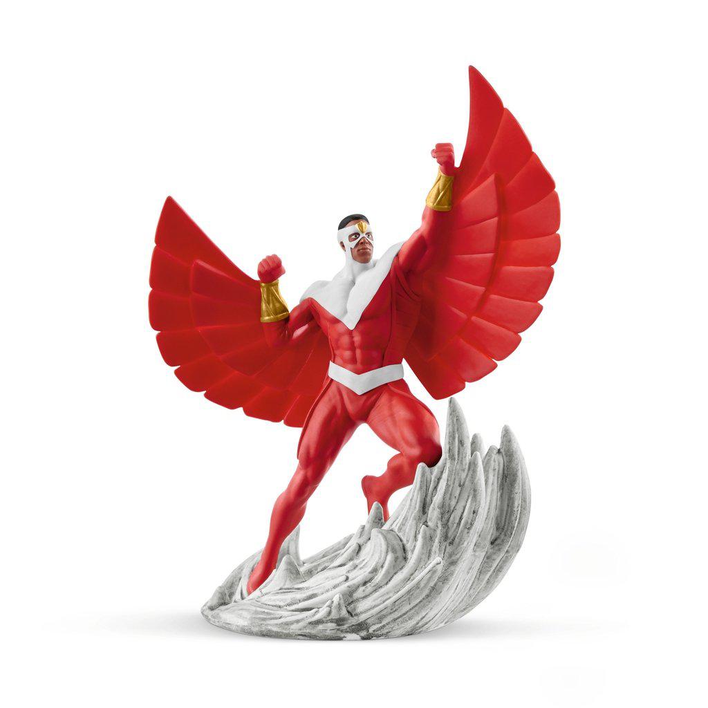 Image of the figurine outside of the packaging. Falcon is dresses in his iconic red and white outfit and is standing in a power pose showing off his wings.
