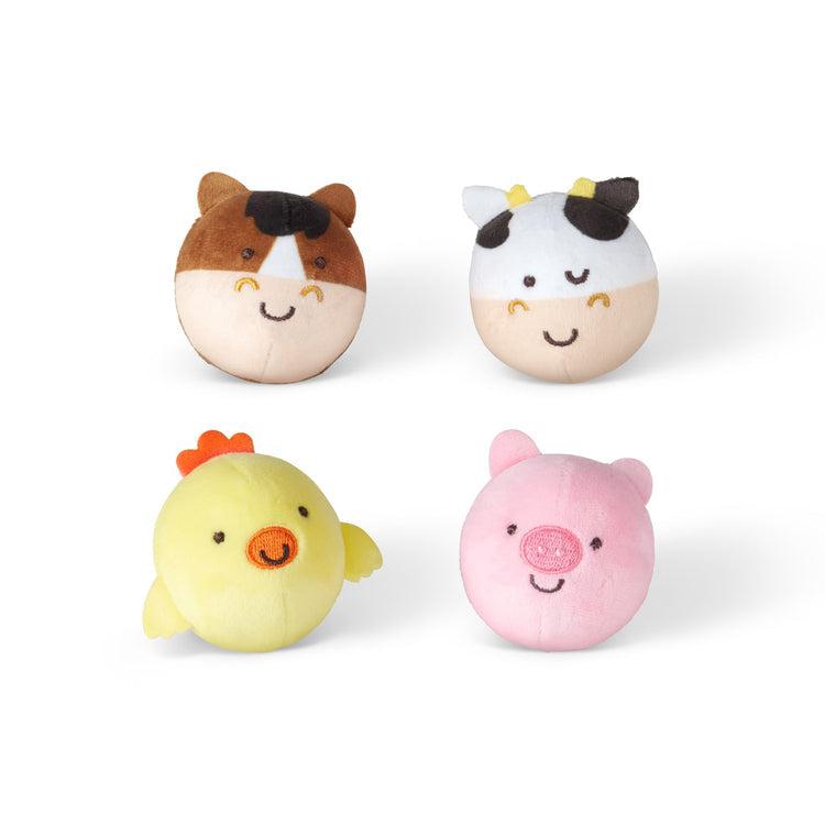 Toys out of packaging | Small round soft toys with chimes inside | Includes horse, cow, chicken, and pig