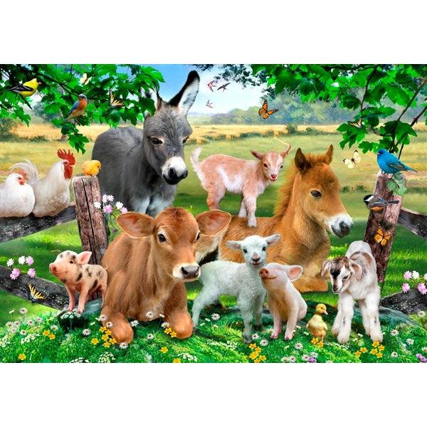 Image on puzzle | A variety of baby farm animals sit close together in a flowery patch of grass between two fence posts. | Visible animals include: Chickens, donkey, horse, pig, goat, cow, sheep, birds, and butterflies.