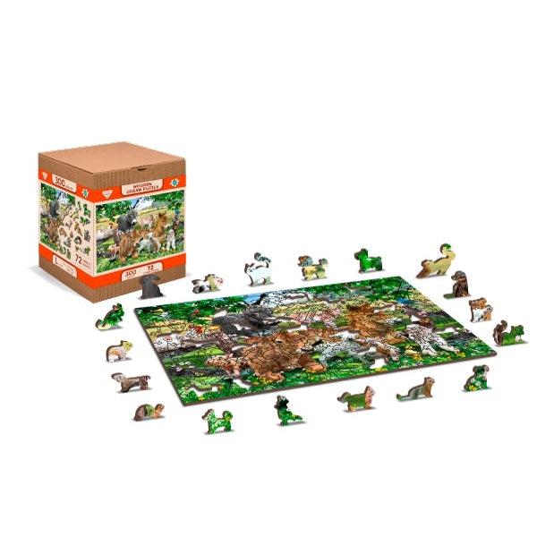 Farm Kindergarten puzzle box with images of completed and partially completed puzzle | Partially completed puzzle with some pieces set out to sides | Removed puzzle pieces stand outside puzzle border.