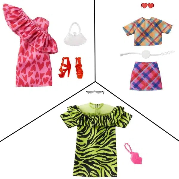 The outfits include, a green dress with black zebra stripes, a pink single shoulder dress with red hearts, and a yellow plaid top with a pink plaid skirt. Each includes 2 accessories