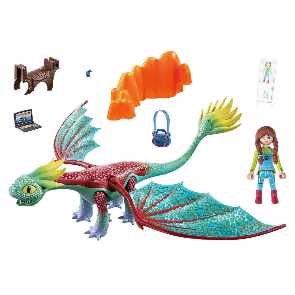 The dragon, alex, mini display toy, toy computer, saddle, satchel, and lava rock are shown on a white background