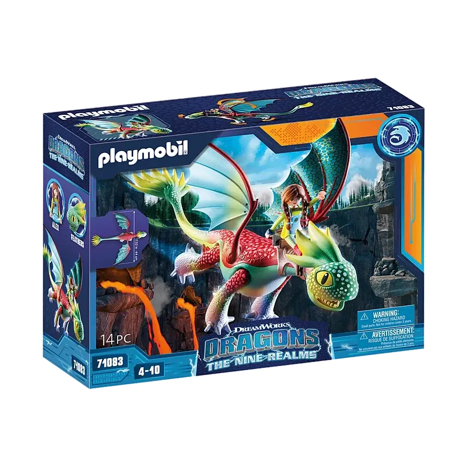 The cover of the box shows the alex playmobil figure riding on the dragon figure "feathers". The dragons is green with a red back and large scaley wings.