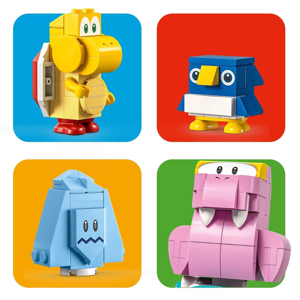 4 boxes show the included figures | TopLeft: red koopa troopa | TR: a baby penguin | BL: a freezie ( a triangular piece of ice with a face) | BR: fliprus (a pink walrus creature with two tusks)