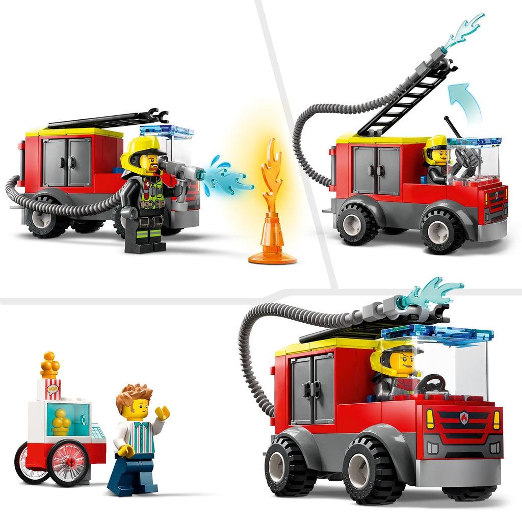 top left image shows the fire trucks hose "spraying' lego water at a lego fire | top right shows the latter on top of the truck can move up and down | bottom image shows the truck next to the popcorn stand