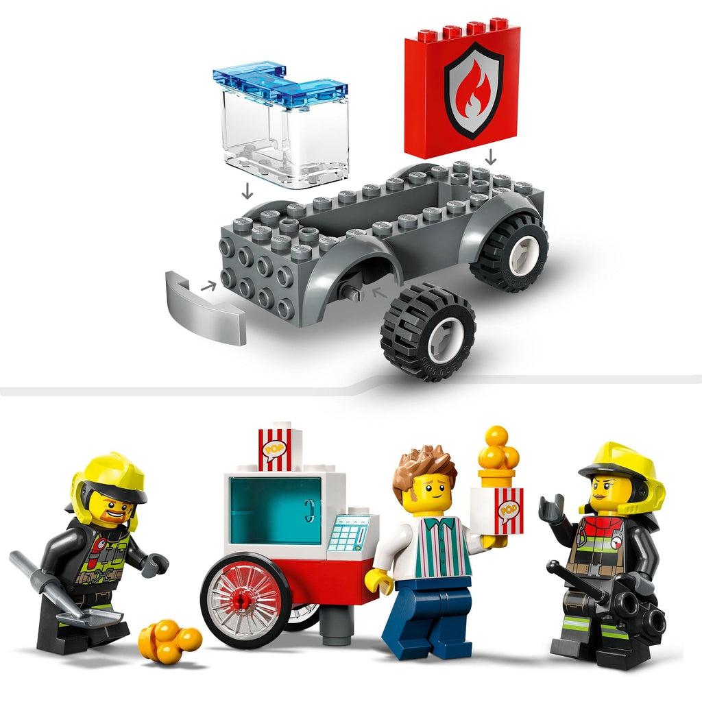 top image shows the large starter brick that helps young children get a good start at building the lego fire truck | bottom image shows the three lego figures at the lego popcorn cart
