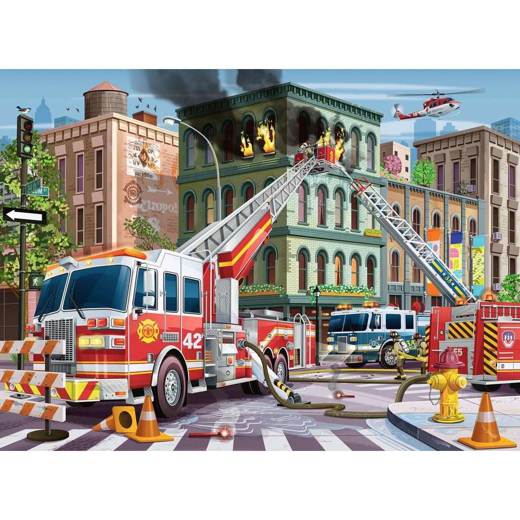 Puzzle image | Illustration of a day time scene: firetrucks parked on a closed off street putting out a small fire in the top story of a city building. | A helicopter flies over head and water floods the street.