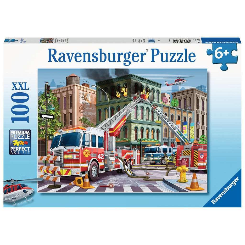 Puzzle box | Image is illustration of a fire truck parked on a street putting out a small building fire | 100 XXL pcs
