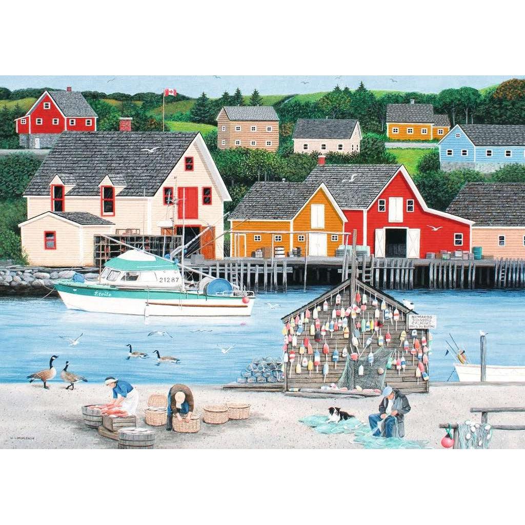 Puzzle image | Art representing a fishing town and cove | Colorful houses sit dispersed in green space with water visible on the horizon | Water visible in front of houses has a fishing boat and shack | Fishermen sit near shack sorting and cleaning caught fish.