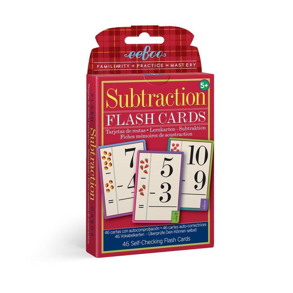 subtraction flash cards for a child to master clearning basic math! each colorful card shows a subtraction problem, and the colution on the back.