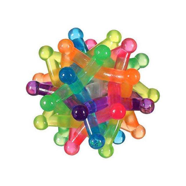Image of the Flashing Neutron Ball. It is made up of many star-shaped rubber tubes that are all different colors all woven together hiding a battery-powered light up ball.