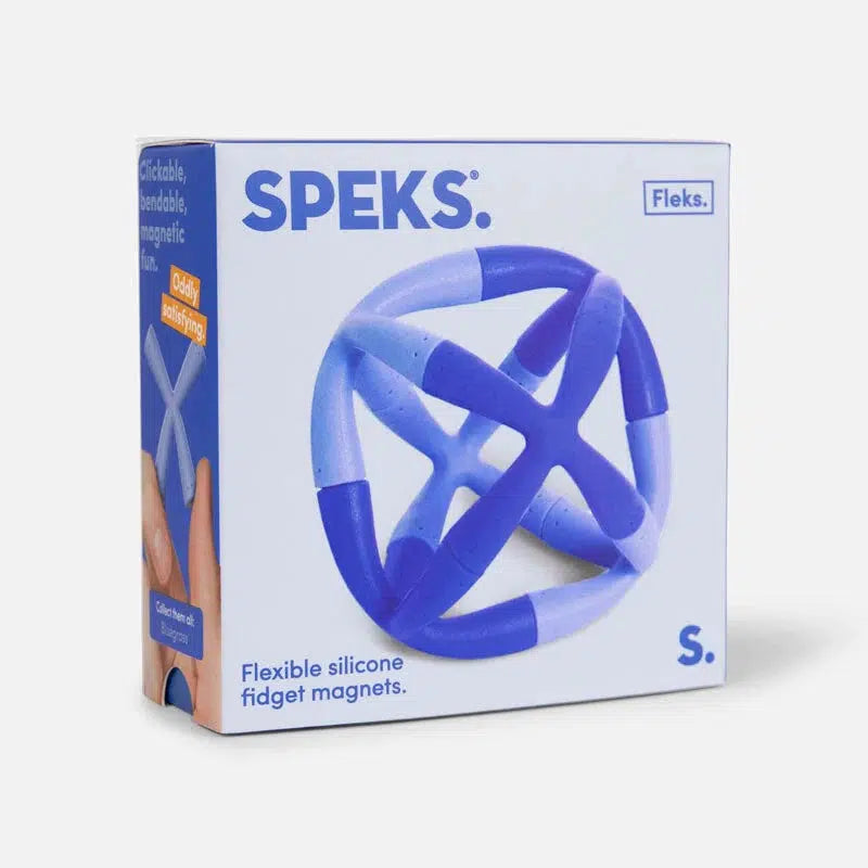 Image of the packaging. In the center of the box is an enlarged picture of the flexible x-shaped Fleks. They are light and dark blue in color.