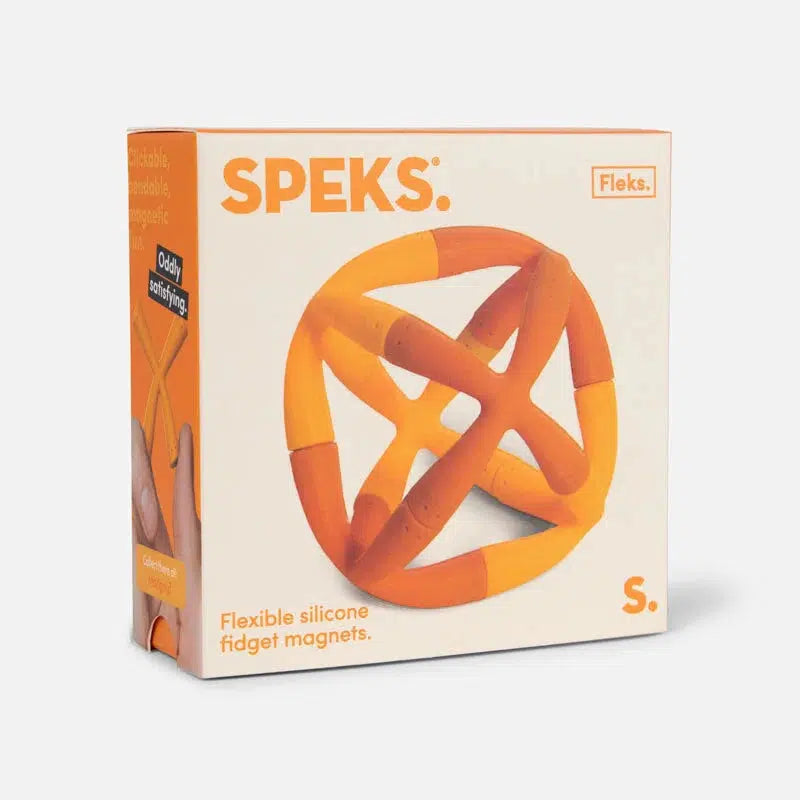 Image of the packaging. In the center of the box is an enlarged picture of the flexible x-shaped Fleks. They are light and dark orange in color.