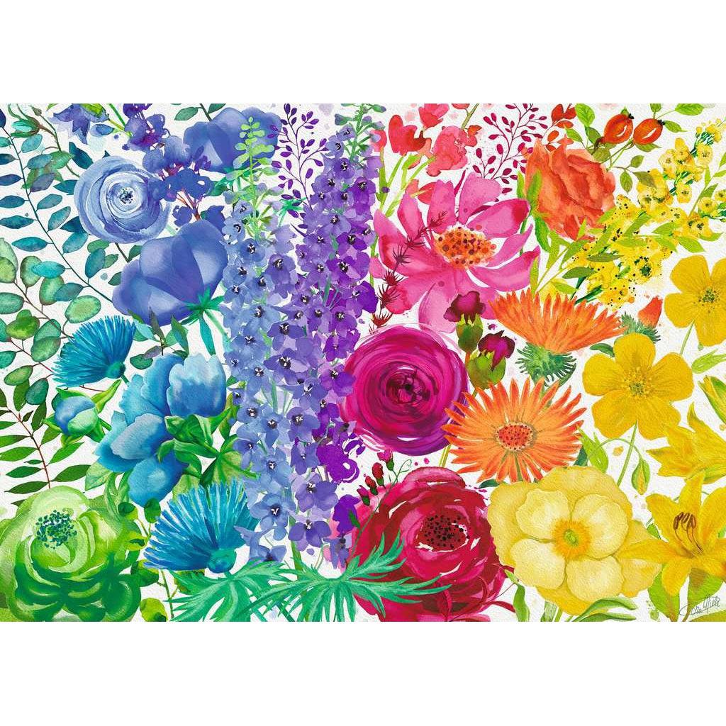 Image of puzzle | A wide variety of flowers in water-color style form a rainbow. Moves from green and blue on the left to pink, orange, and yellow on the left