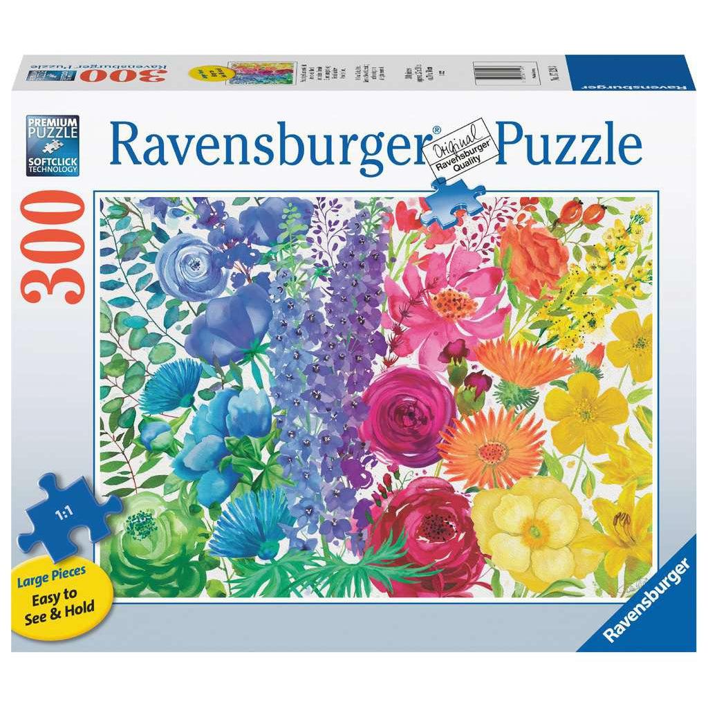 Ravensburger puzzle box | Image: Variety of illustrated flowers form a rainbow | 300 XL pieces