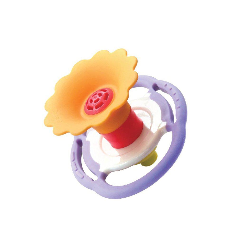 Image of the Flower Whistle. Is is a whistling pacifier with a purple base and an orange and red conic flower on top.