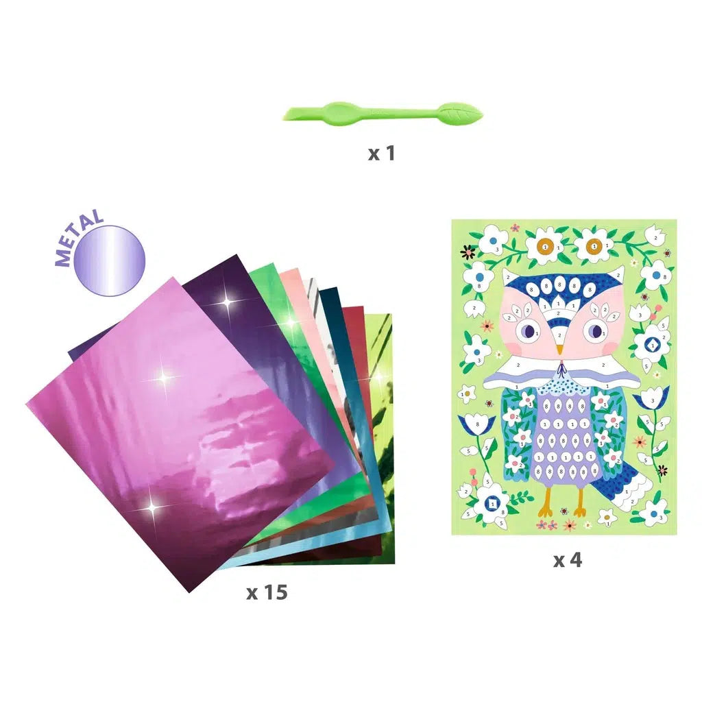 Image of all the included pieces in the craft kit. It includes four different pictures, 15 colors of metallic foil, and a peeling tool.