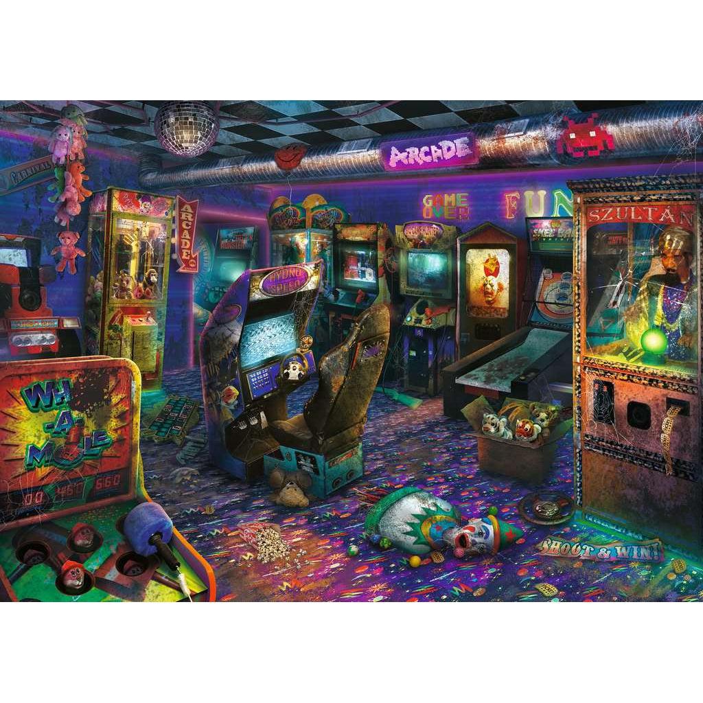 Image of puzzle | An abandoned arcade with rusted, dusty game machines that all have the lights on. Popcorn and game prizes litter the patterned carpet.