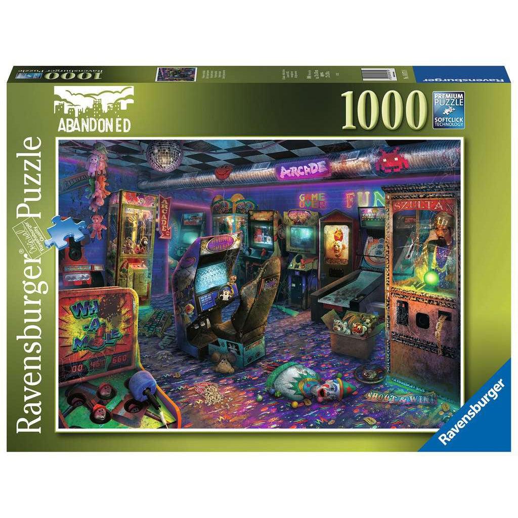 Ravensburger puzzle box | Abandoned Series | Image: Run down arcade with game lights on| 1000pcs