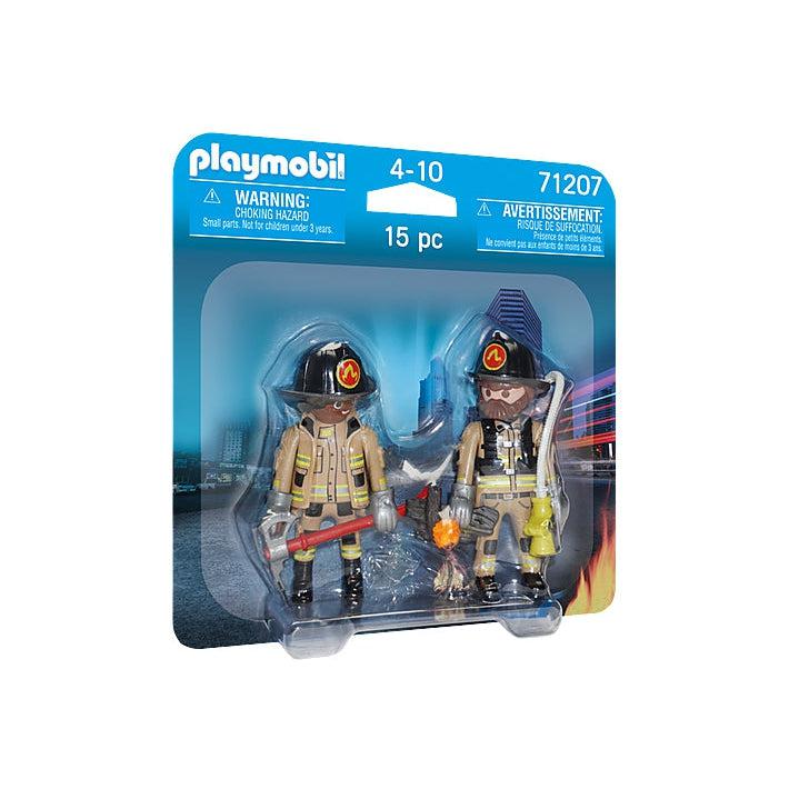 The blister card packaging contains the two playmobil firefighters and accessories inside clear plastic