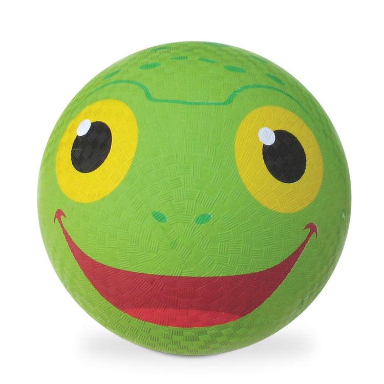 Froggy kickball out of packaging | Green textured ball with smiling cartoon frog face