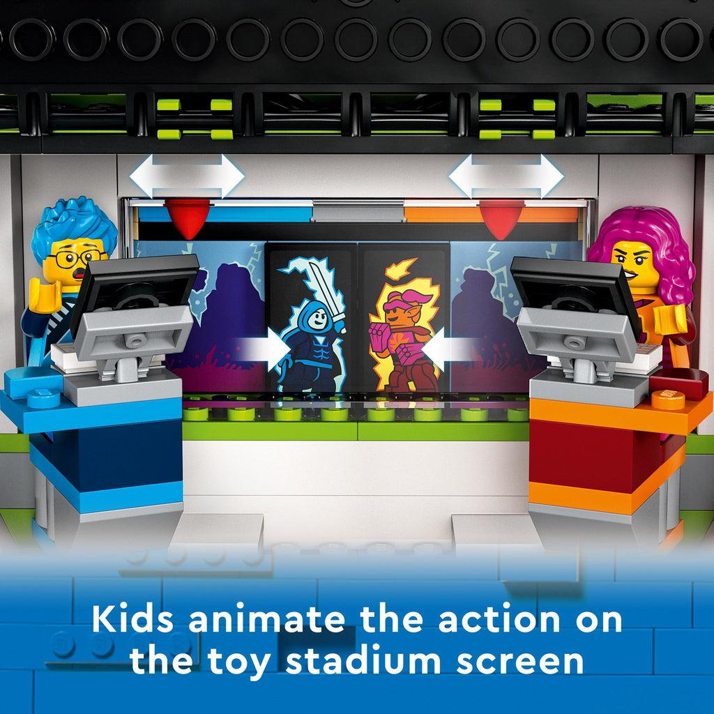 Image shows sliders that move on the stage screen allowing kids to 'animate' what's happening on the screen | Image reads: Kids animate the action on the toy stadium screen