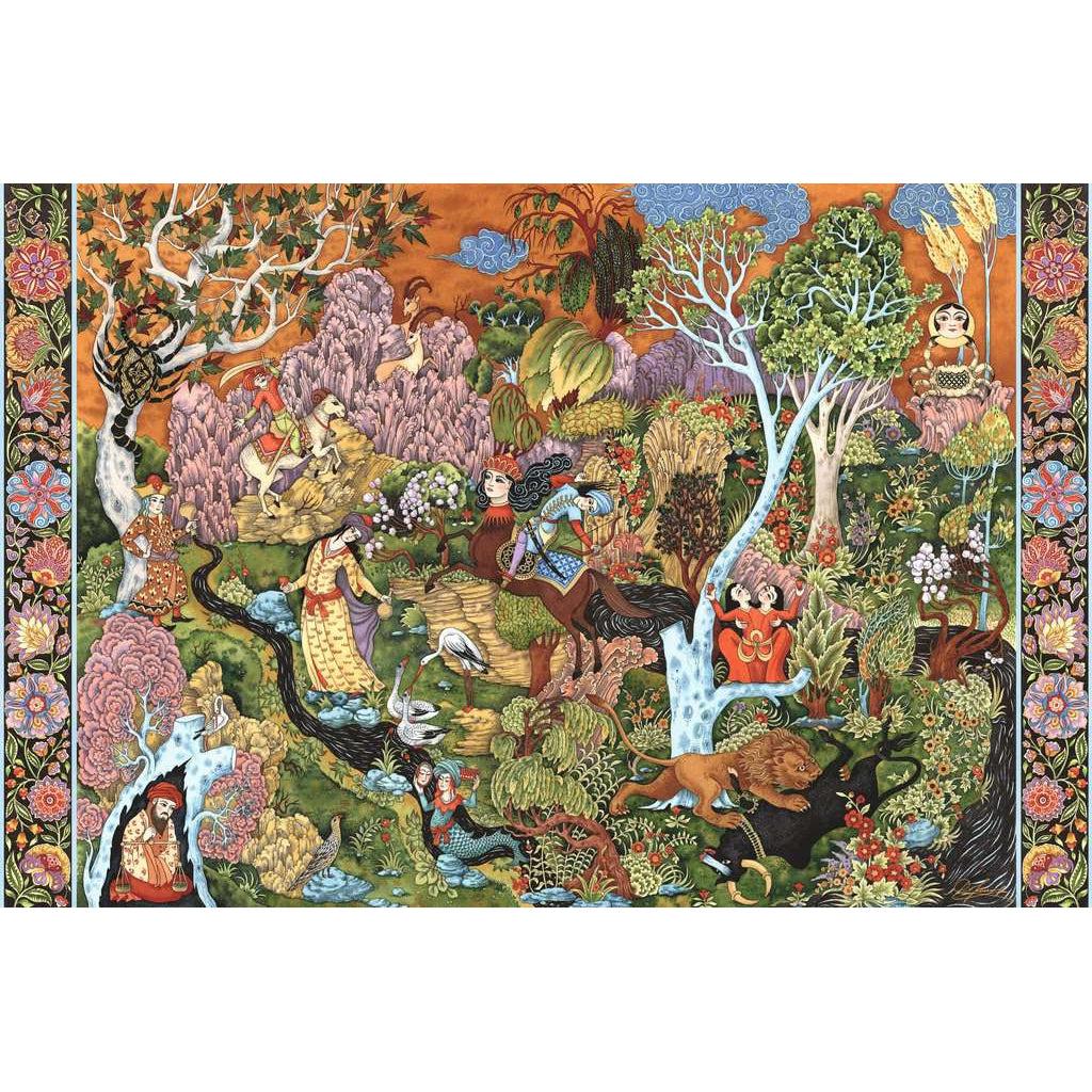 Puzzle is in an ancient art style. Garden with heavy vegetation and human and animal representations of the 12 zodiac signs interacting. Border on right and left margin is black with ornate flower illustrations.