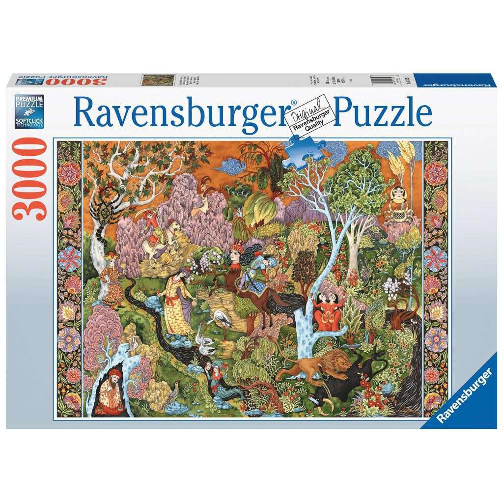 Image of the front of the puzzle box. It has information such as the brand name, Ravensburger, and the piece count (3000pc). In the center is a picture of the finished puzzle. Puzzle described on next image.