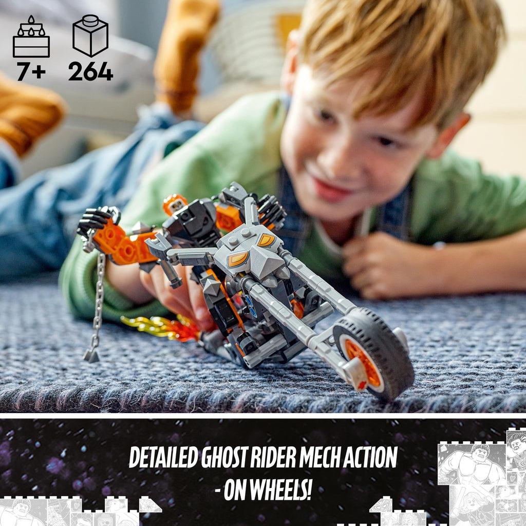 a child plays with the lego set on a rug | piece count of 264 and age of 7+ in top left | Image reads: Detailed ghost rider mech action on wheels