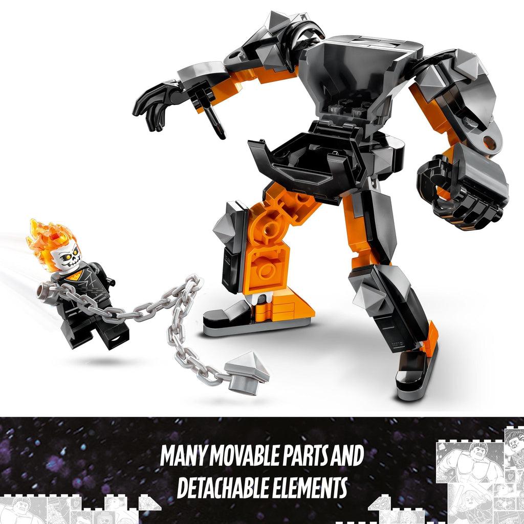 The ghost rider minifigure is out of the mech and whipping a lego chain towards the camera | image reads: many movable parts and detachable elements
