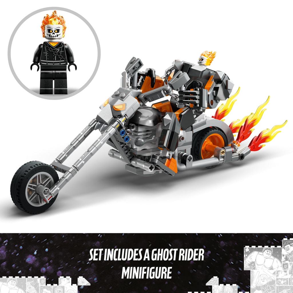 The ghost rider minifigure in the mech suit is on the motorcycle | top left shows a close up of the minifigure, he has a skull head and flames on his head like lego hair | Image reads: Set includes a ghost rider minifigure