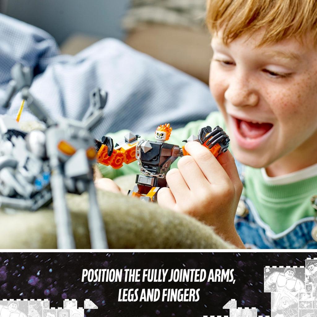 a child is playing with the lego set, moving the mechs arms | Image reads: Position the fully jointed arms, legs, and fingers