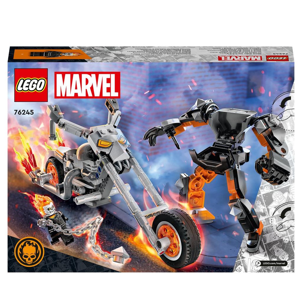The back of the box shows the ghost rider minifigure and the motorcycle on fire with the mech standing to the right side with it's cockpit open