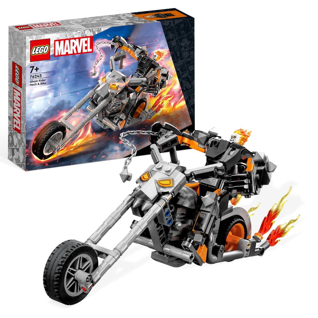 The lego set is shown in front of its box | There is a ghost rider minifigure in a large mech suit riding a large motorcycle sized for the mech