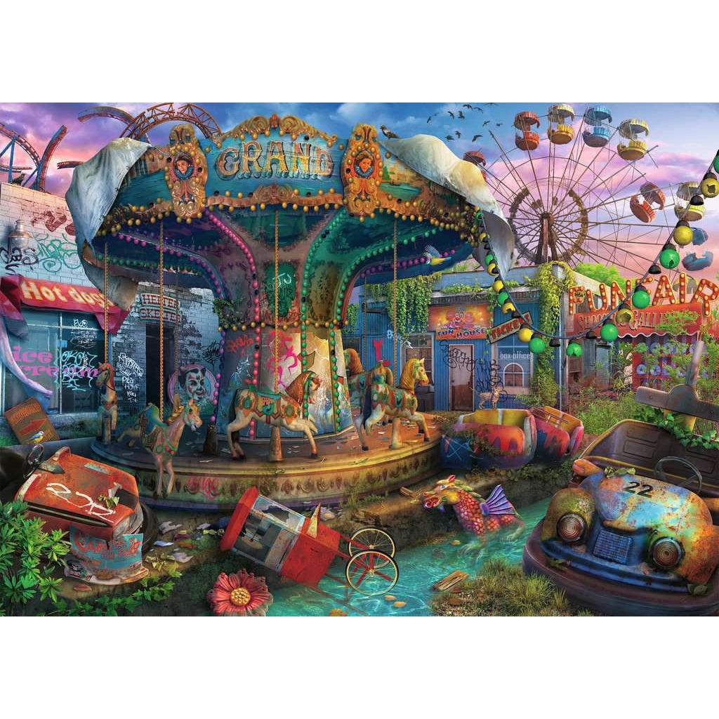 Image of puzzle | Abandoned carnival and fun fair | Dilapidated carousel and buildings covered in graffiti and overgrown plants | Rundown rollercoasters and a Ferris wheel loom against a colorful sky