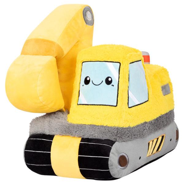 Image of the Go! Excavator squishable. It is a smiling yellow excavator construction tool. It has a large scooper and treads.